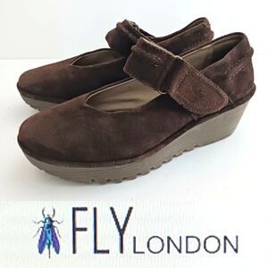 Fly London Robi Chunky Mary Jane Wedge Dk Chocolate Brown Suede EU 39 US 8-8.5